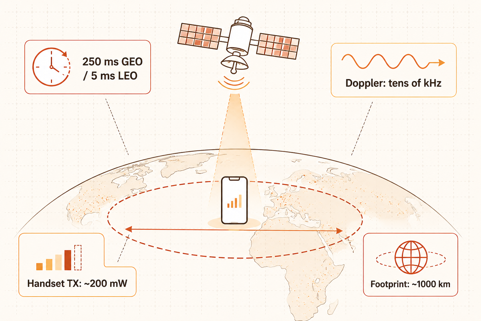 NTN engineering challenges illustrated: propagation delay, Doppler shift, handset transmit power limitation, and large satellite footprint